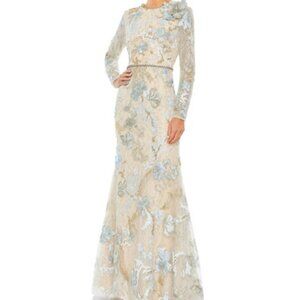 Mac Duggal Ice Blue Lace Floral Appliqué Embellished Gown